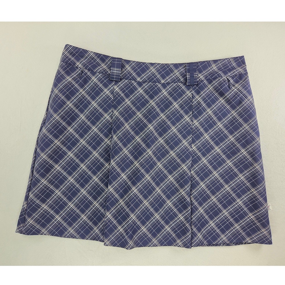 Maggie Lane Women Sz 14 Mini Skirt Skort Navy Blue Plaid Pleats Academia Pockets